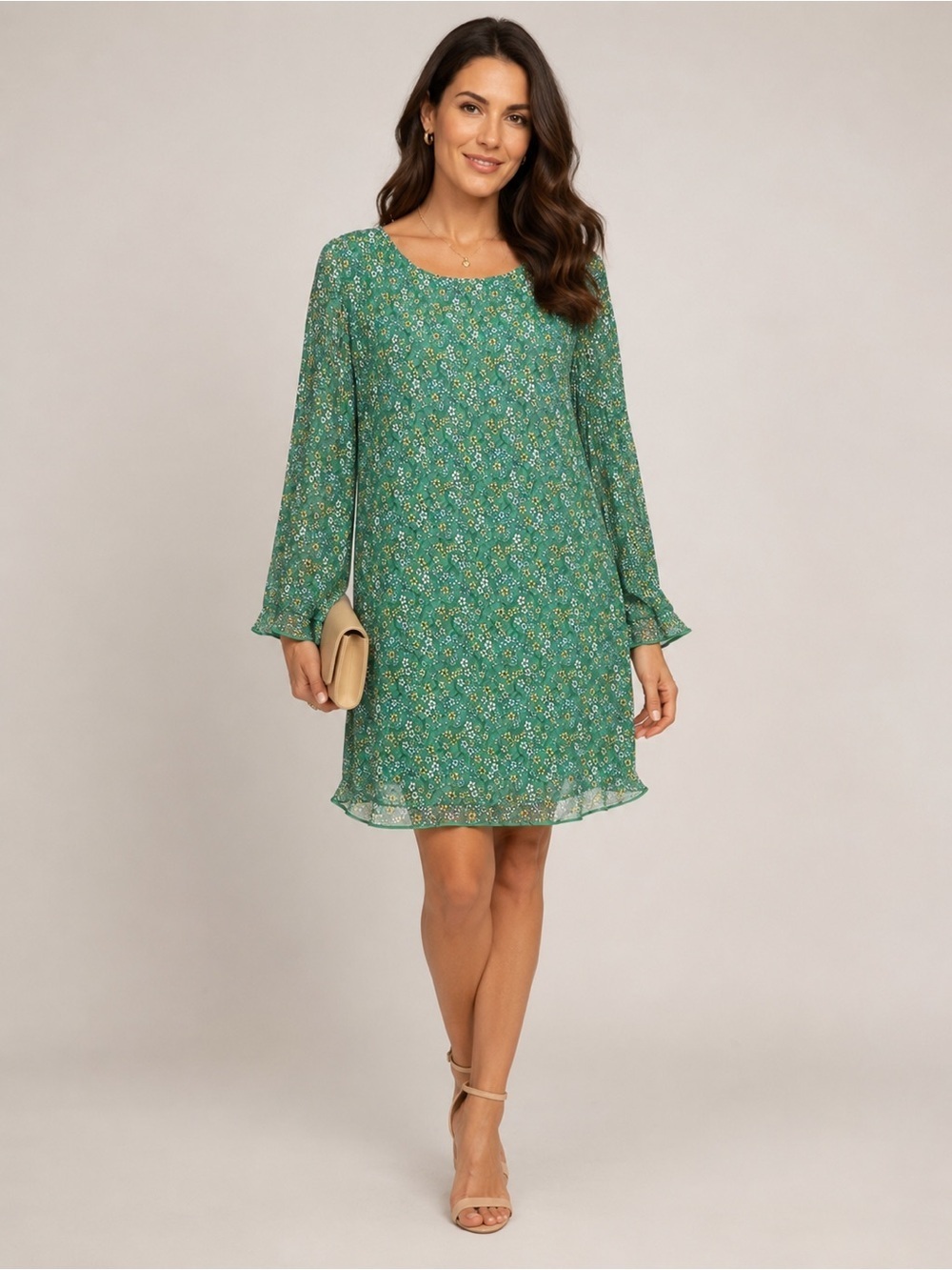 MAX STUDIO Women’s Sheath MIDI Dress~SMALL~3/4 Sleeve GREEN Floral Poly LINED